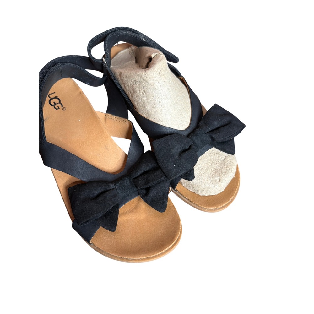 UGG Poppy Black Leather Bow Slingback Sandals Women's Size 5-6 Flat Cork Sole